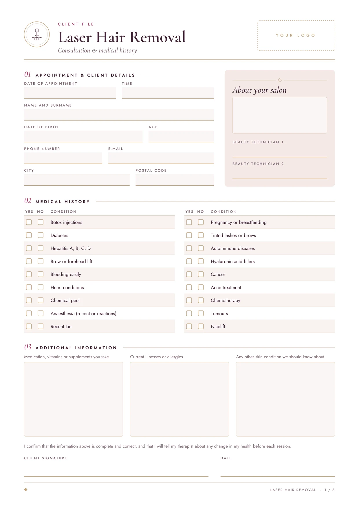 Page 1 of the Laser Hair Removal form — the client file — filled in with an example: client details, medical history, notes and signature.